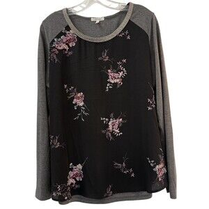 Maurices Tunic Top Embellished Size Large Black Floral Solid Gray Mixed Material